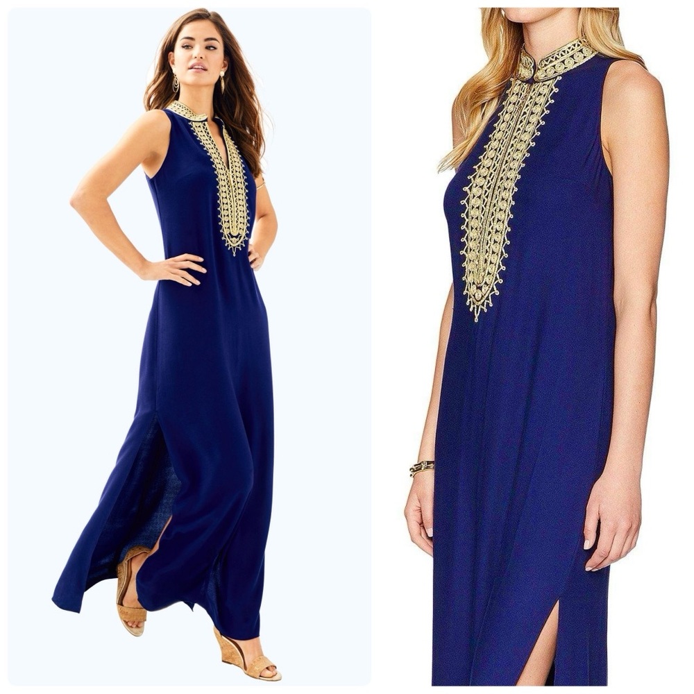 Lilly Pulitzer Jane Sleeveless Front Zip Plunge Maxi Dress in Navy and Gold